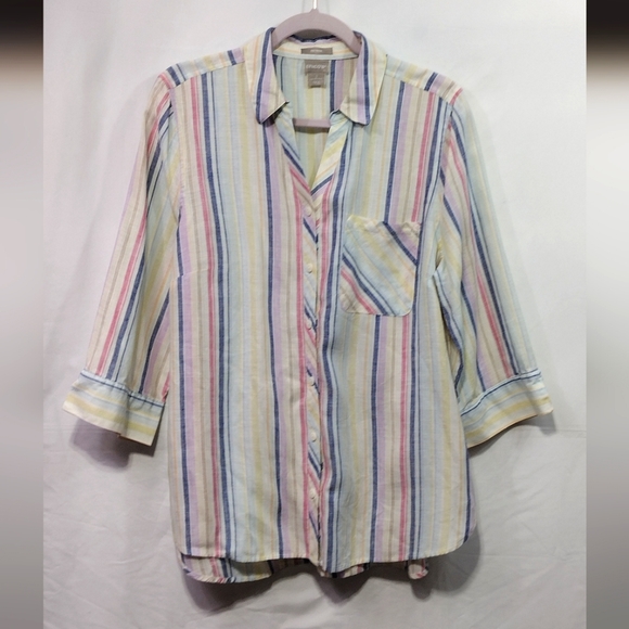 Chico's No-Iron Linen Striped Shirt Women's L Multicolor 90s Y2K Casual - Picture 2 of 9